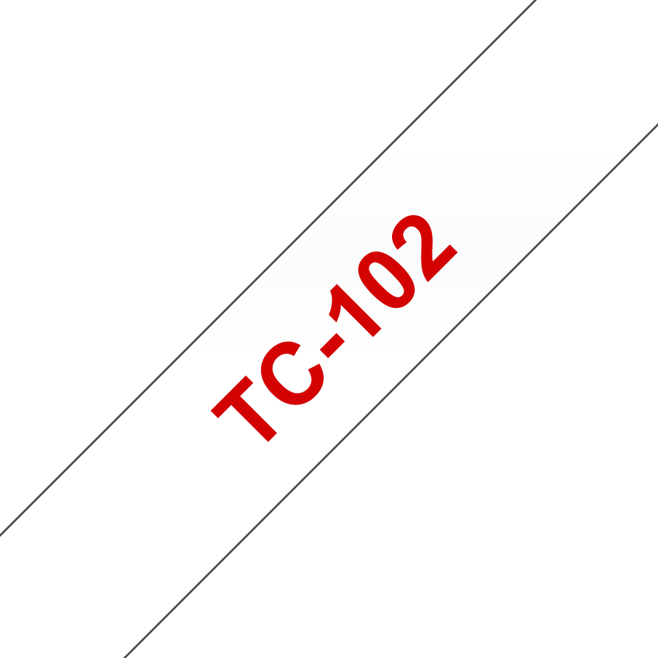 Oryginalna taśma do etykietowania Brother TC-102 – czerwony nadruk na przezroczystym tle, szerokość 12mm